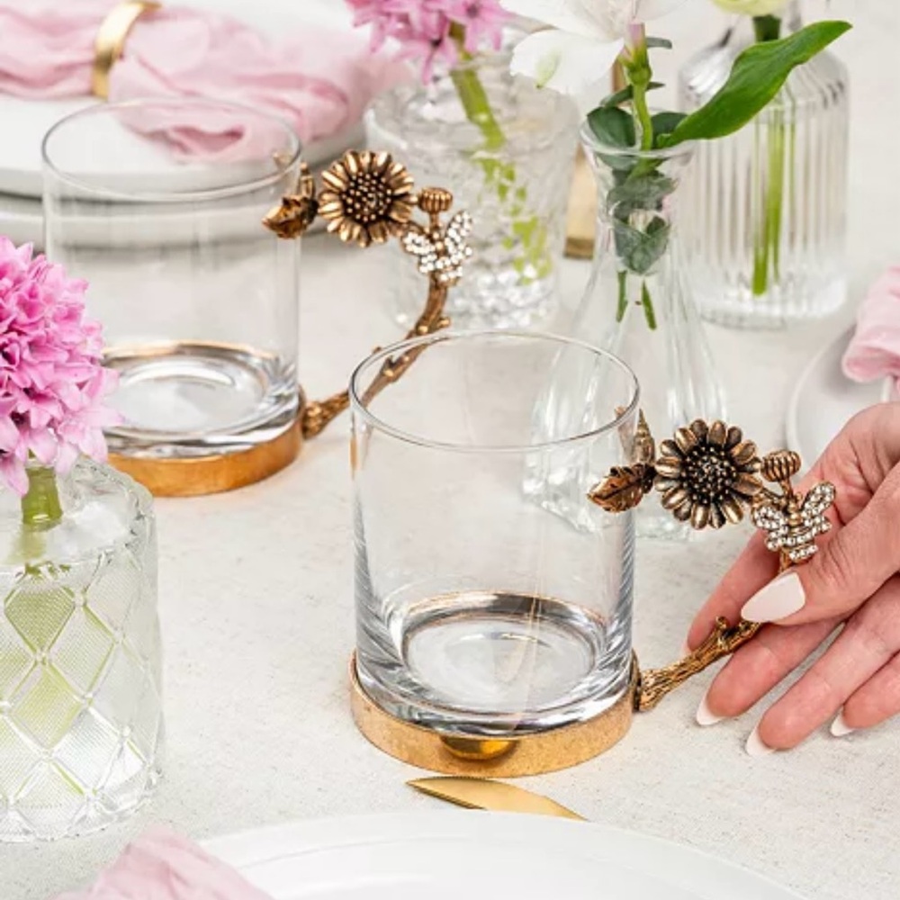 2-Piece Antique Gold Flower Stalk Handle Glass Mug